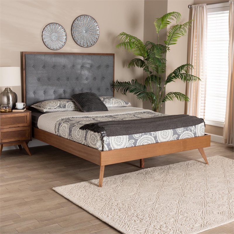 Baxton Studio Dericia Gray Fabric and Walnut Brown Wood King Size Platform Bed