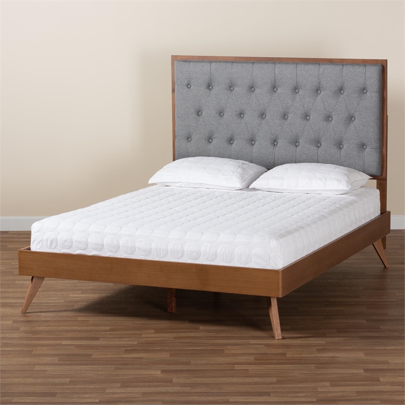 Baxton Studio Dericia Gray Fabric and Walnut Brown Wood King Size Platform Bed