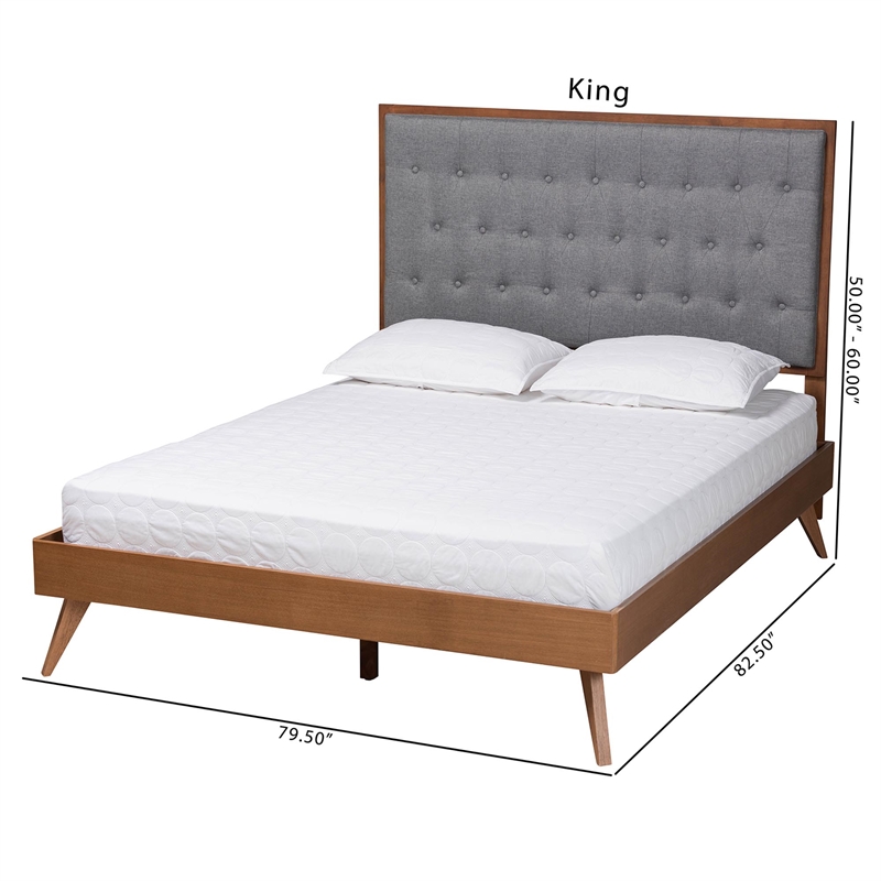 Baxton Studio Dericia Gray Fabric and Walnut Brown Wood King Size Platform Bed