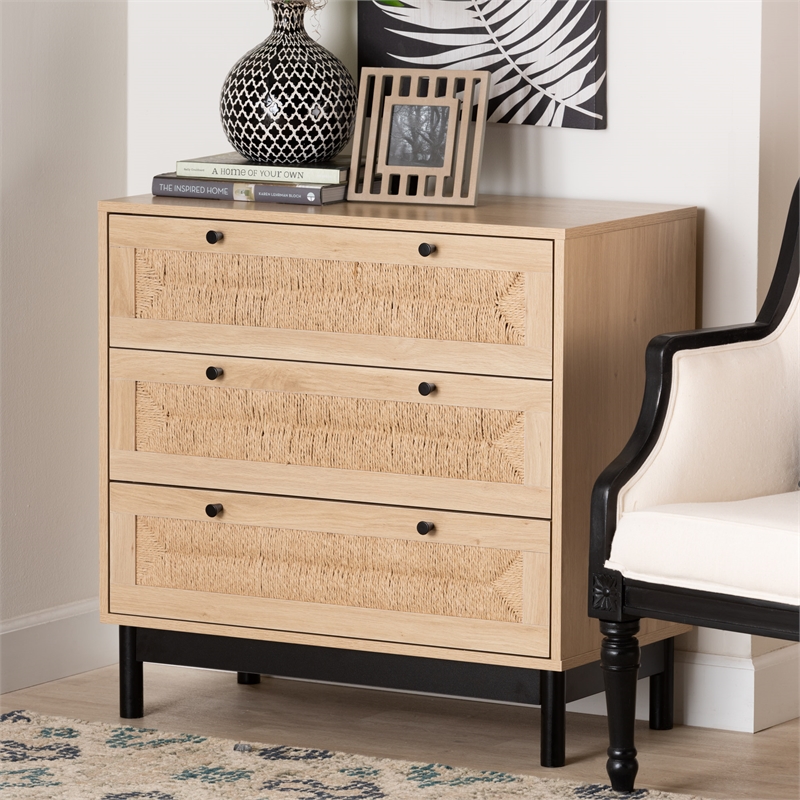 Baxton Studio Cherelle 3-Drawer Mid-Century Wood Storage Cabinet in Brown/Black