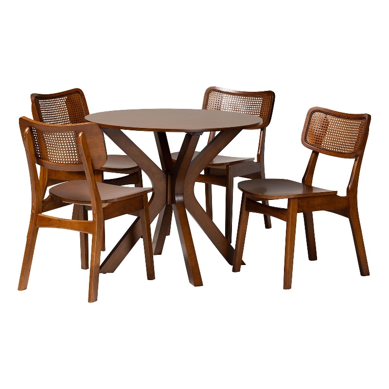 Baxton Studio Linnet 5-Piece Wood & Rattan Dining Set in Brown