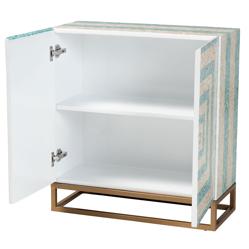 Baxton Studio Utari Mother of Pearl & Metal Storage Cabinet in Beige/Blue