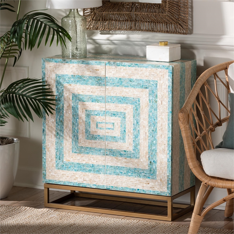 Baxton Studio Utari Mother of Pearl & Metal Storage Cabinet in Beige/Blue