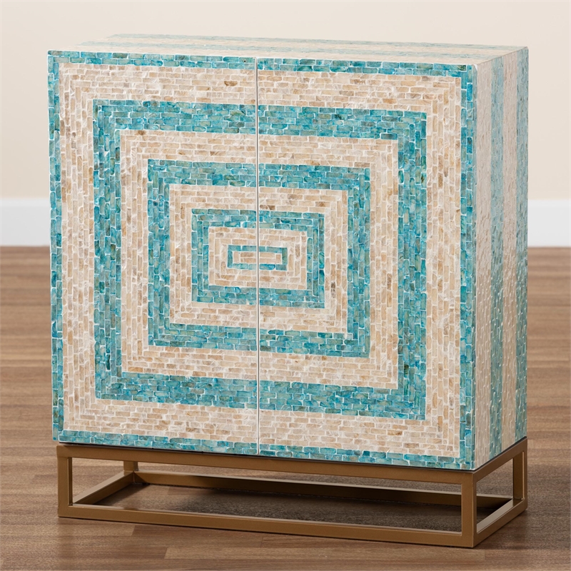 Baxton Studio Utari Mother of Pearl & Metal Storage Cabinet in Beige/Blue