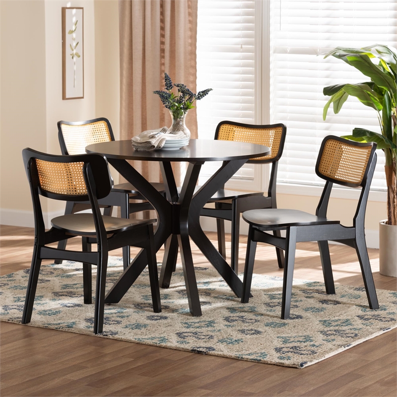 Baxton Studio Linnet 5-Piece Wood & Rattan Dining Set in Brown