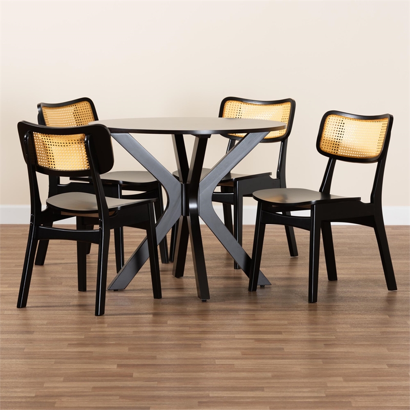 Baxton Studio Linnet 5-Piece Wood & Rattan Dining Set in Brown