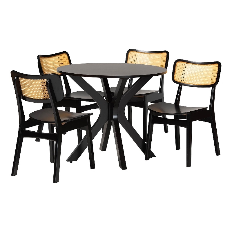 Baxton Studio Linnet 5-Piece Wood & Rattan Dining Set in Brown