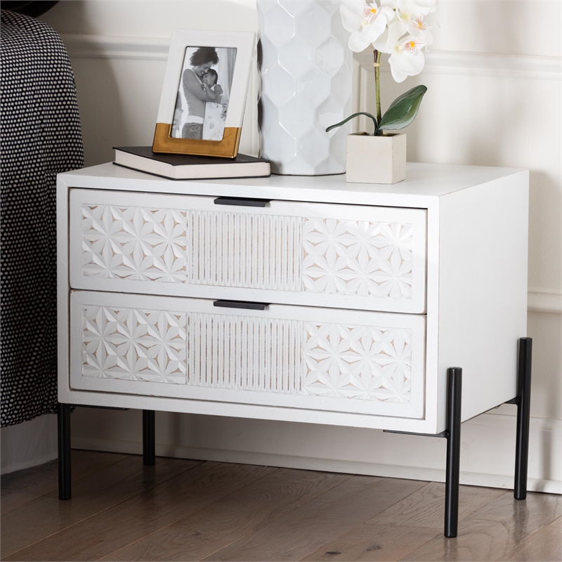 Baxton Studio Merryn White Wood and Black Metal 2-Drawer Storage Cabinet