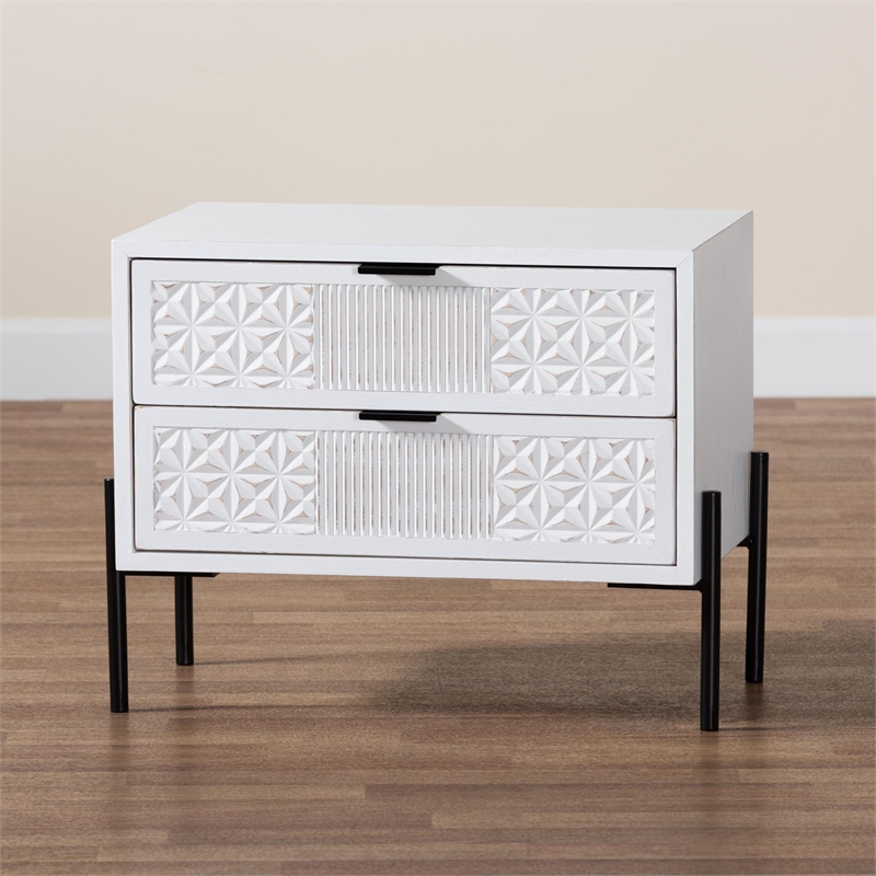 Baxton Studio Merryn White Wood and Black Metal 2-Drawer Storage Cabinet