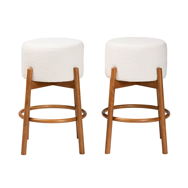 Baxton Studio Olwen Cream Boucle Fabric and Brown Wood 2-Piece Bar Stool Set