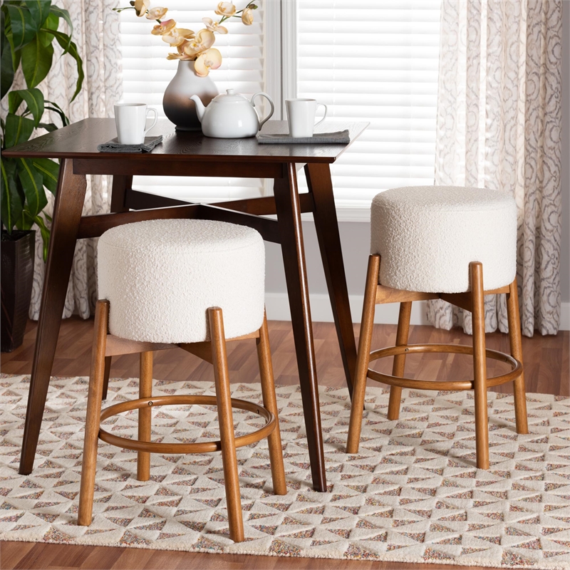 Baxton Studio Olwen Cream Boucle Fabric and Brown Wood 2-Piece Bar Stool Set