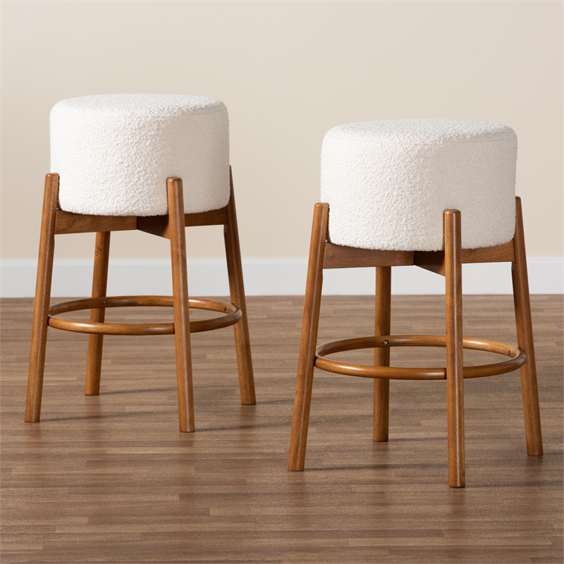 Baxton Studio Olwen Cream Boucle Fabric and Brown Wood 2-Piece Bar Stool Set