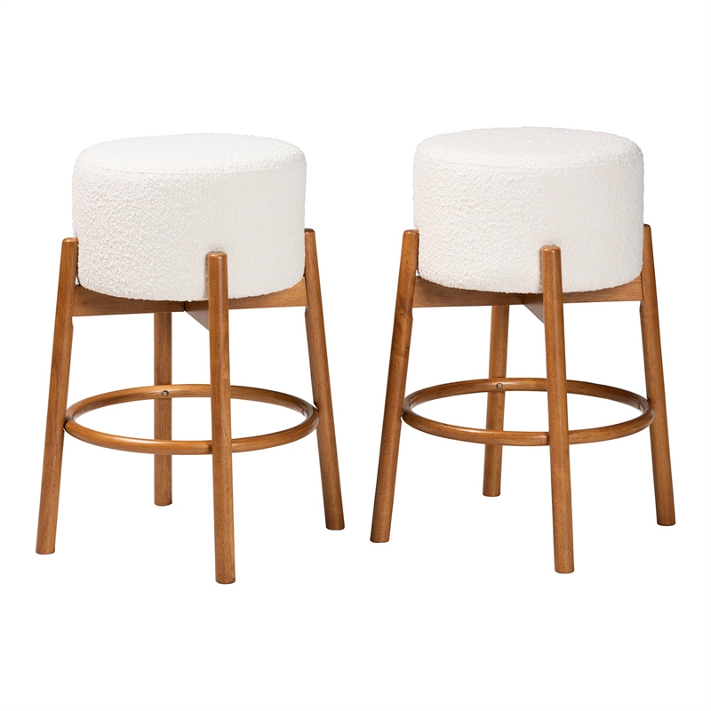 Baxton Studio Olwen Cream Boucle Fabric and Brown Wood 2-Piece Bar Stool Set