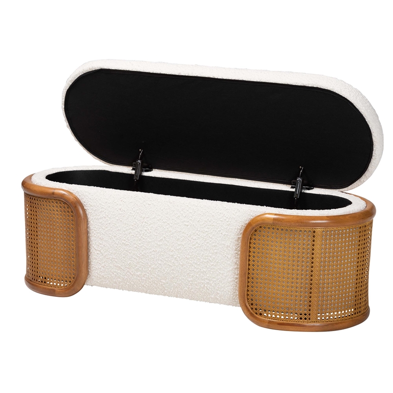 Baxton Studio Basira Cream Boucle Fabric Storage Bench with Woven Rattan
