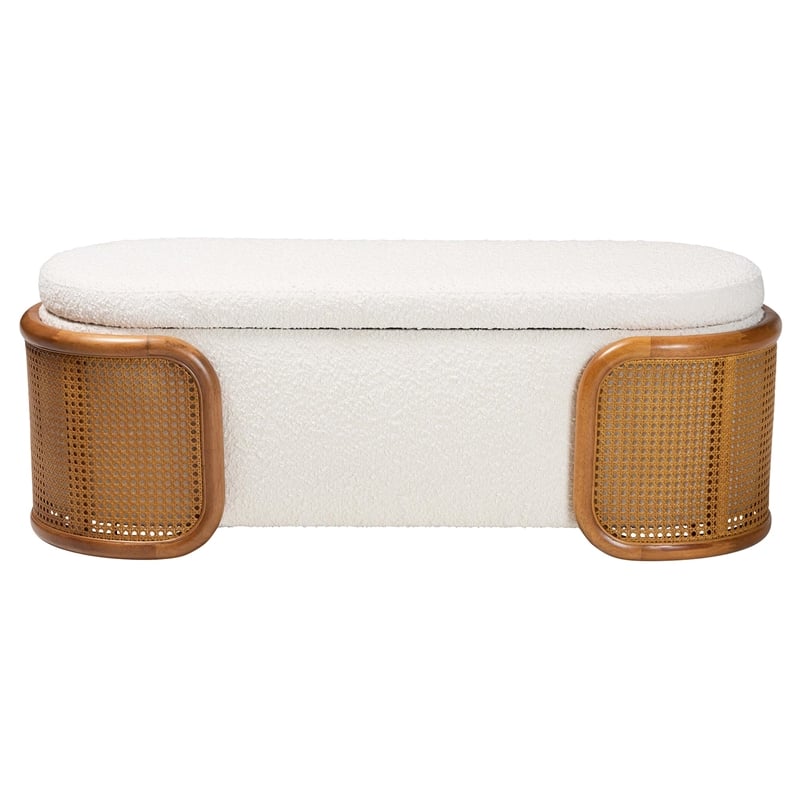 Baxton Studio Basira Cream Boucle Fabric Storage Bench with Woven Rattan