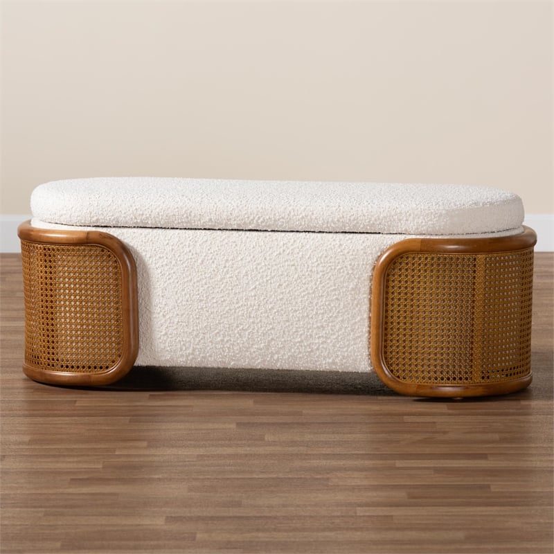 Baxton Studio Basira Cream Boucle Fabric Storage Bench with Woven Rattan