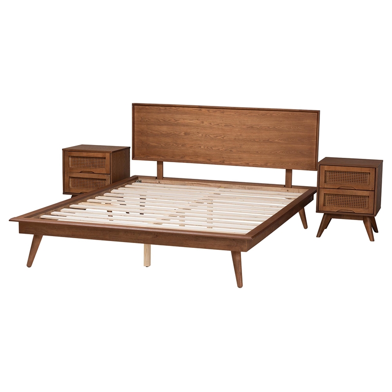 Baxton Studio Melora Brown Wood and Rattan Queen Size 3-Piece Bedroom Set