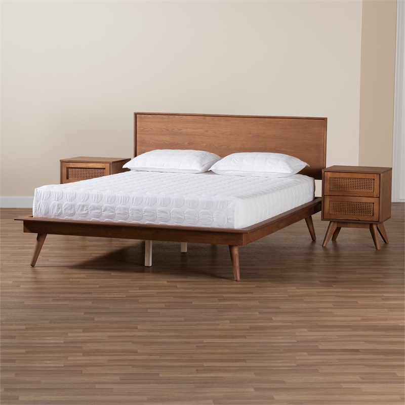 Baxton Studio Melora Brown Wood and Rattan Queen Size 3-Piece Bedroom Set