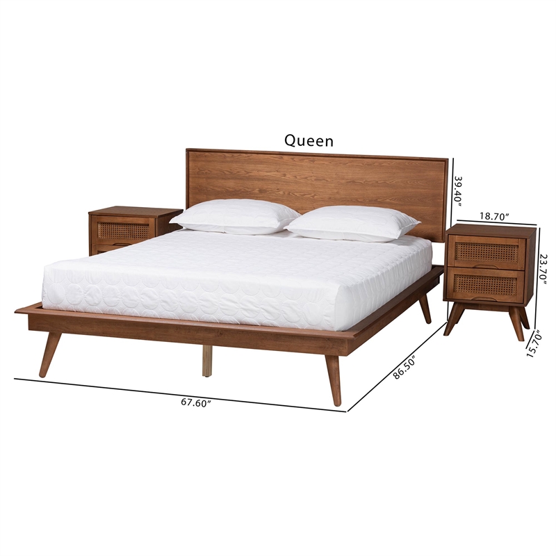 Baxton Studio Melora Brown Wood and Rattan Queen Size 3-Piece Bedroom Set