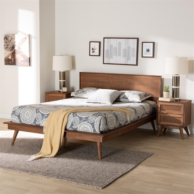 Baxton Studio Melora Brown Wood and Rattan Queen Size 3-Piece Bedroom Set