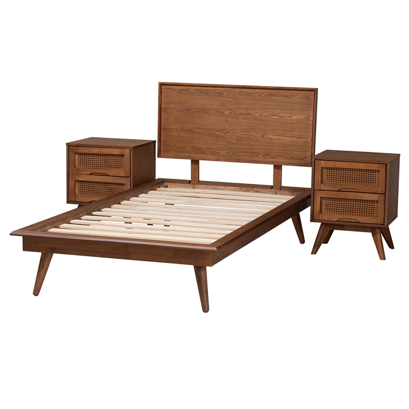 Baxton Studio Melora Walnut Brown Wood and Rattan Twin Size 3-Piece Bedroom Set