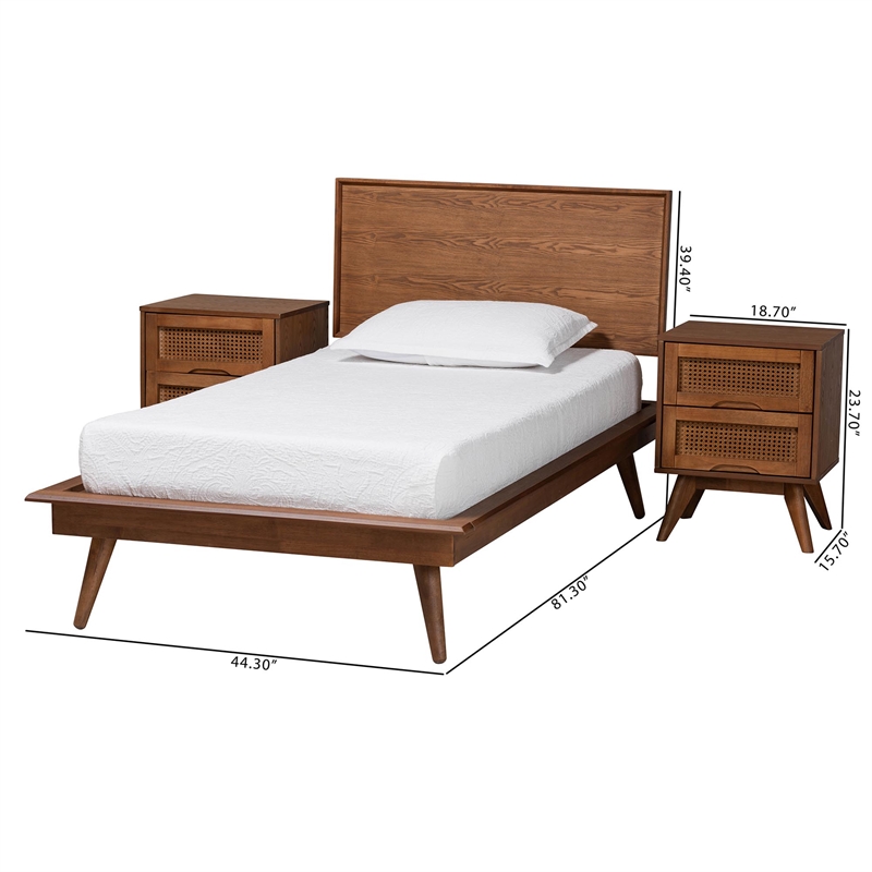 Baxton Studio Melora Walnut Brown Wood and Rattan Twin Size 3-Piece Bedroom Set