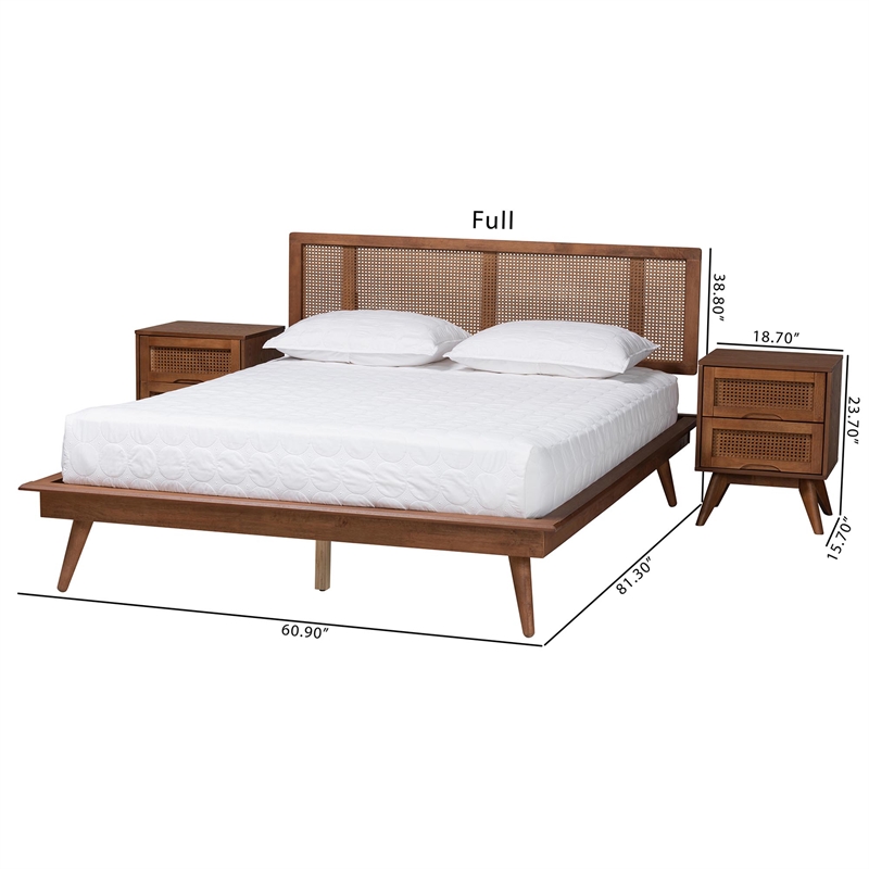 Baxton Studio Nura Walnut Brown Wood and Rattan Full Size 3-Piece Bedroom Set