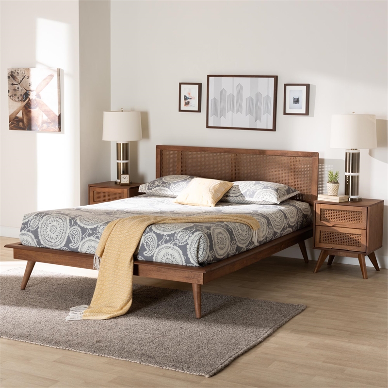 Baxton Studio Nura Walnut Brown Wood and Rattan Full Size 3-Piece Bedroom Set