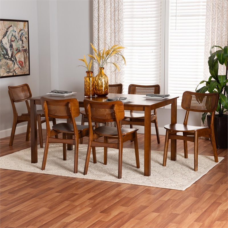 Baxton Studio Estera Walnut Brown Finished Wood and Rattan 7-Piece Dining Set