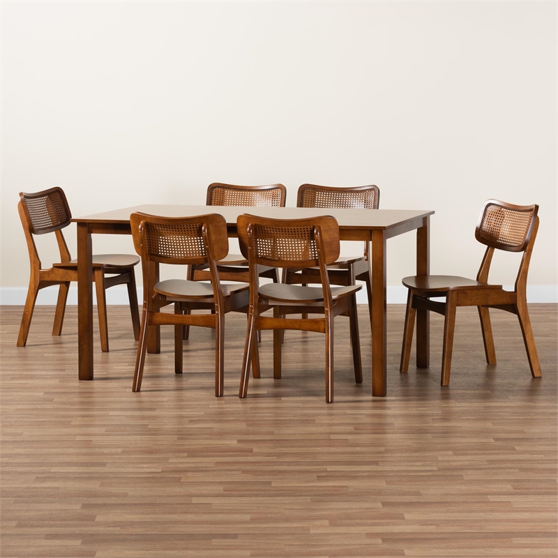 Baxton Studio Estera Walnut Brown Finished Wood and Rattan 7-Piece Dining Set
