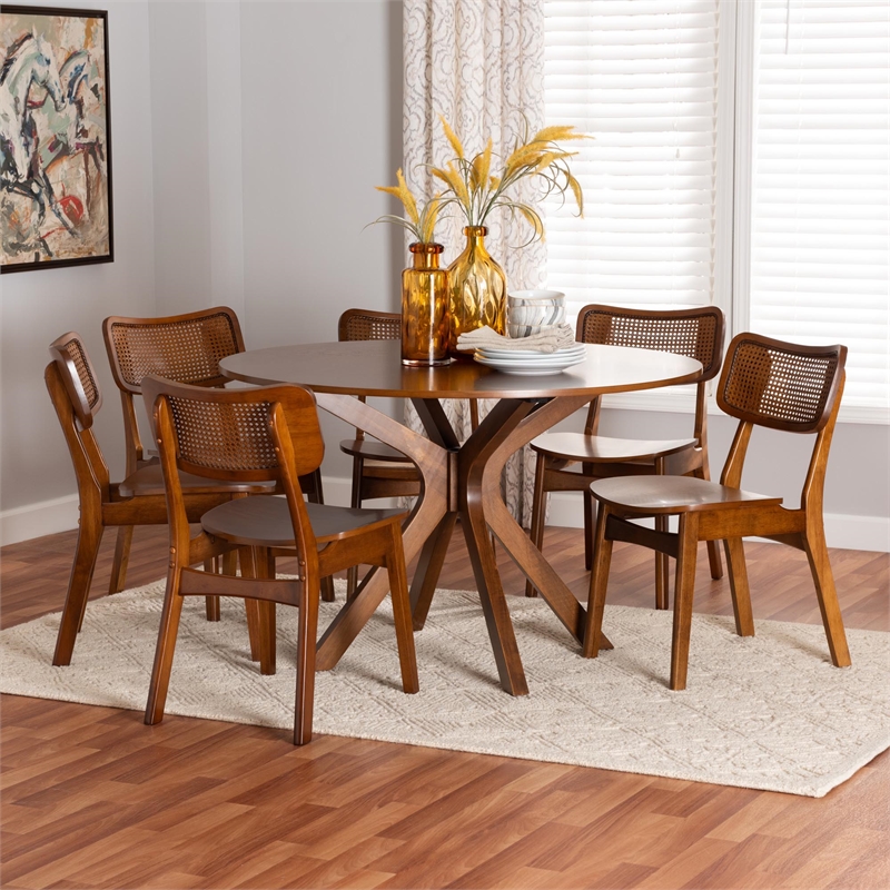 Baxton Studio Linnet Walnut Brown Finished Wood and Rattan 7-Piece Dining Set
