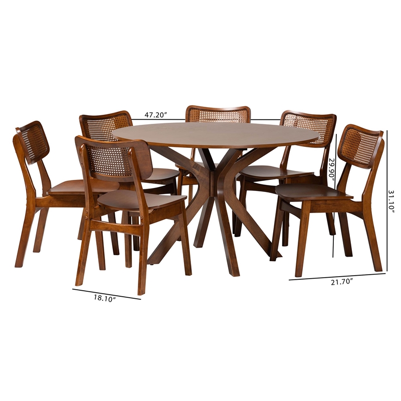 Baxton Studio Linnet Walnut Brown Finished Wood and Rattan 7-Piece Dining Set