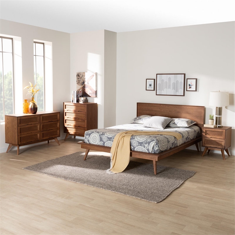 Baxton Studio Melora Walnut Brown Wood and Rattan Full Size 4-Piece Bedroom Set