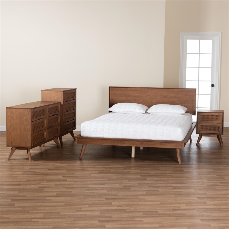 Baxton Studio Melora Walnut Brown Wood and Rattan Full Size 4-Piece Bedroom Set