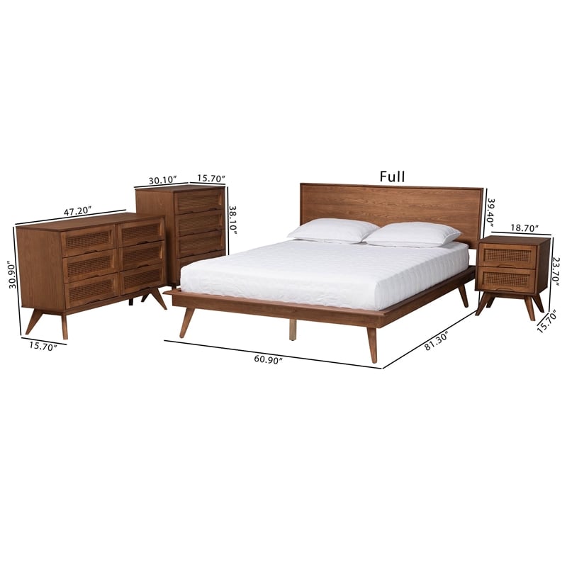 Baxton Studio Melora Walnut Brown Wood and Rattan Full Size 4-Piece Bedroom Set