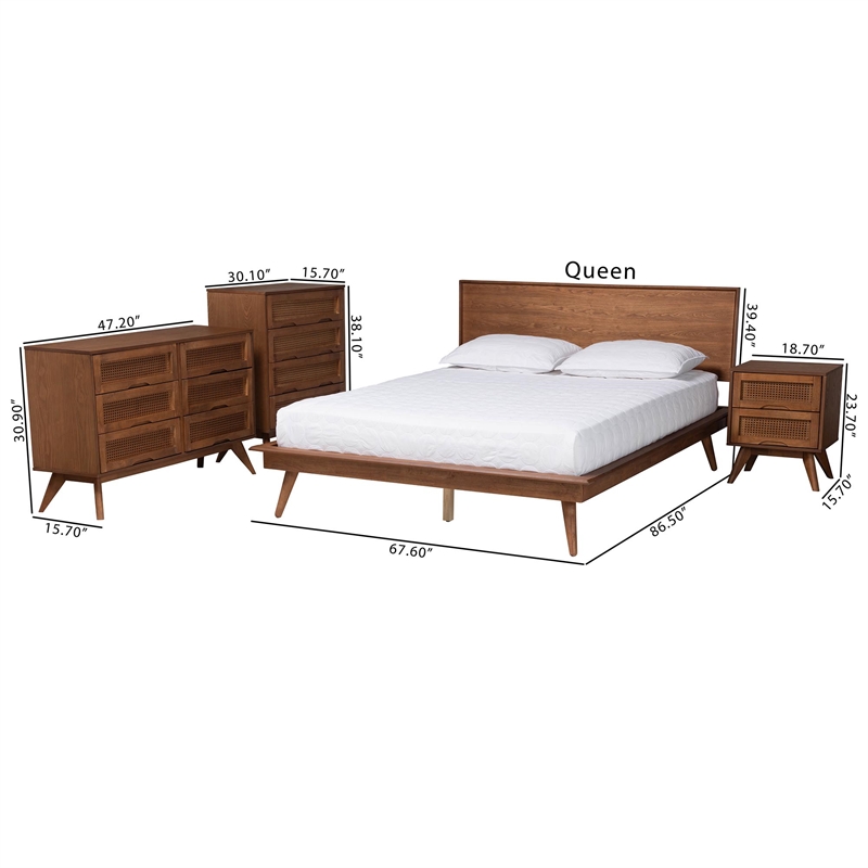 Baxton Studio Melora Brown Wood and Rattan Queen Size 4-Piece Bedroom Set