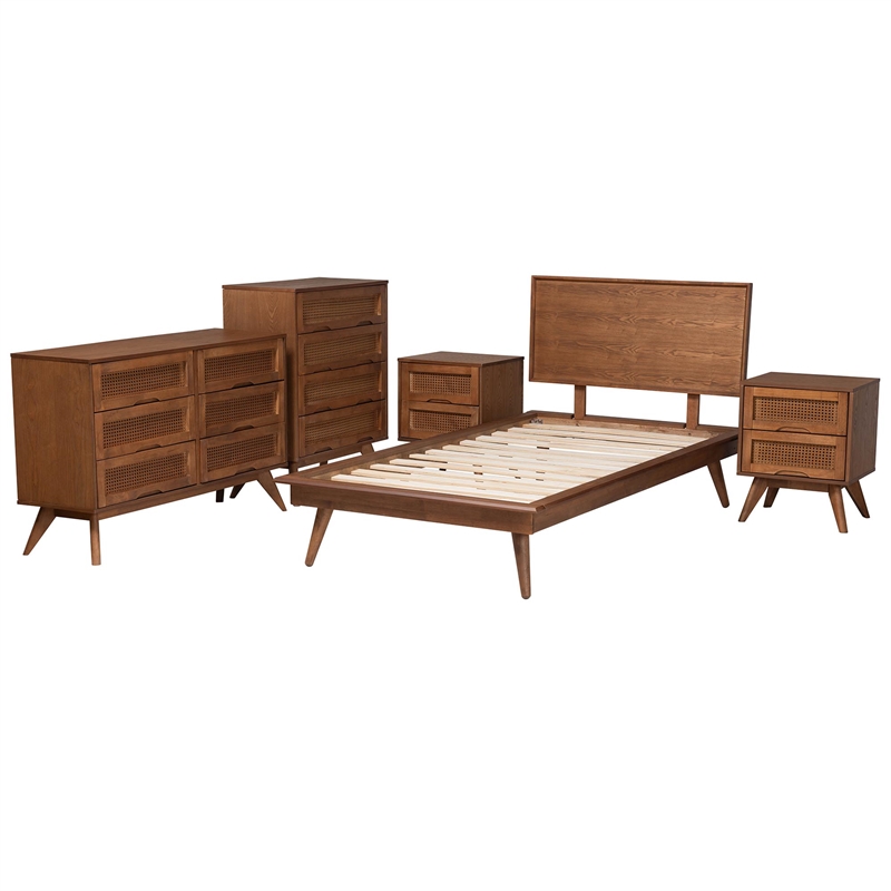 Baxton Studio Melora Walnut Brown Wood and Rattan Twin Size 5-Piece Bedroom Set