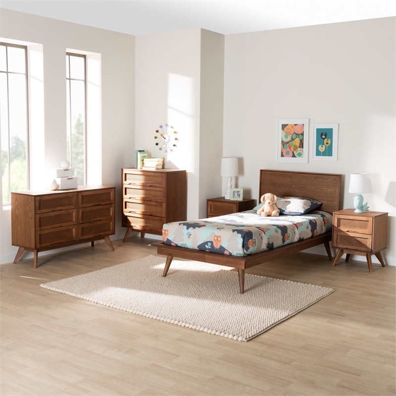 Baxton Studio Melora Walnut Brown Wood and Rattan Twin Size 5-Piece Bedroom Set