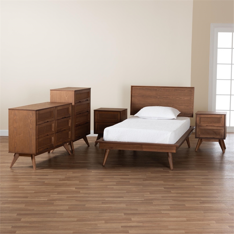 Baxton Studio Melora Walnut Brown Wood and Rattan Twin Size 5-Piece Bedroom Set