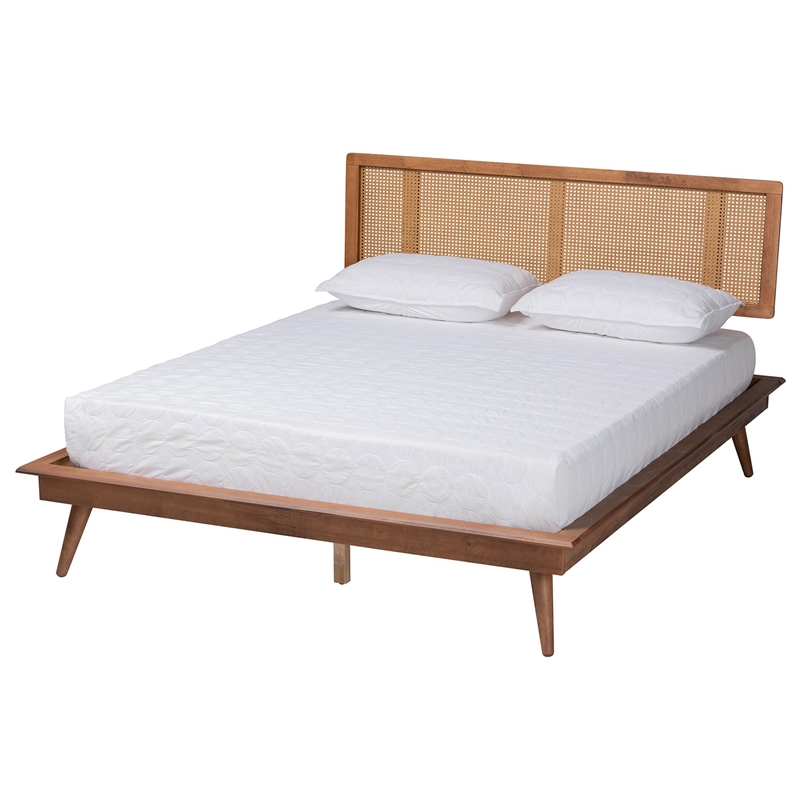 Baxton Studio Nura Walnut Brown Wood and Rattan Full Size 4-Piece Bedroom Set