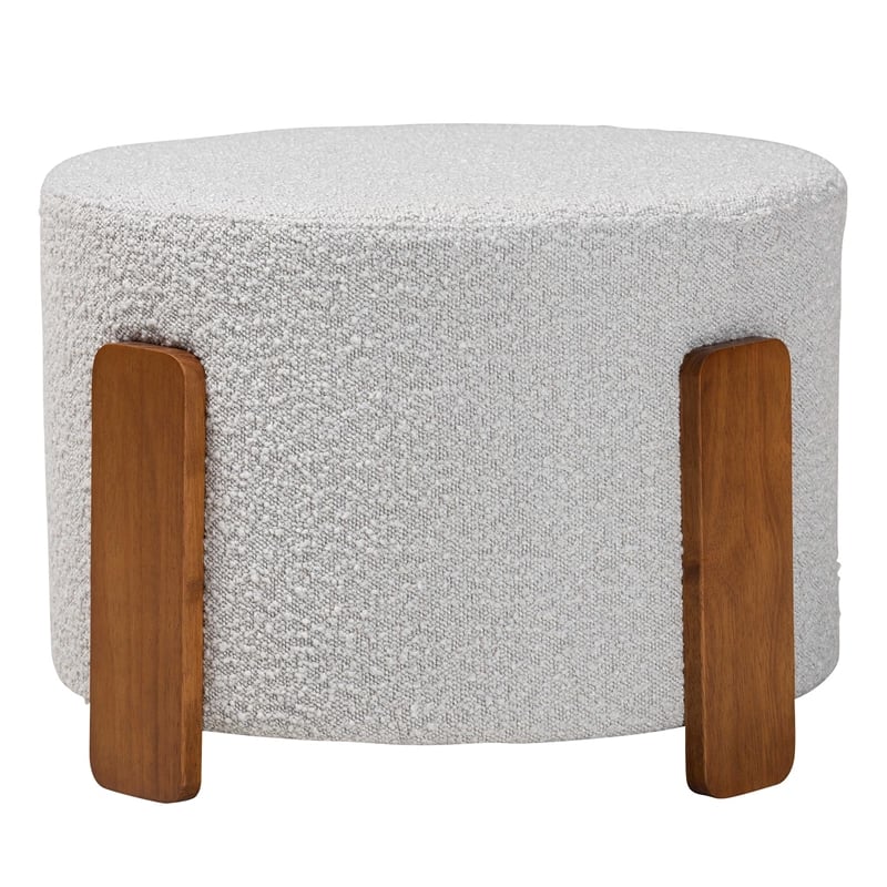 Baxton Studio Finlay Light Gray Boucle Fabric and Brown Wood Ottoman Footstool