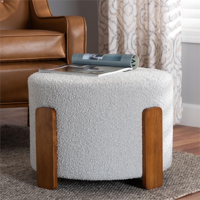 Baxton Studio Finlay Light Gray Boucle Fabric and Brown Wood Ottoman Footstool