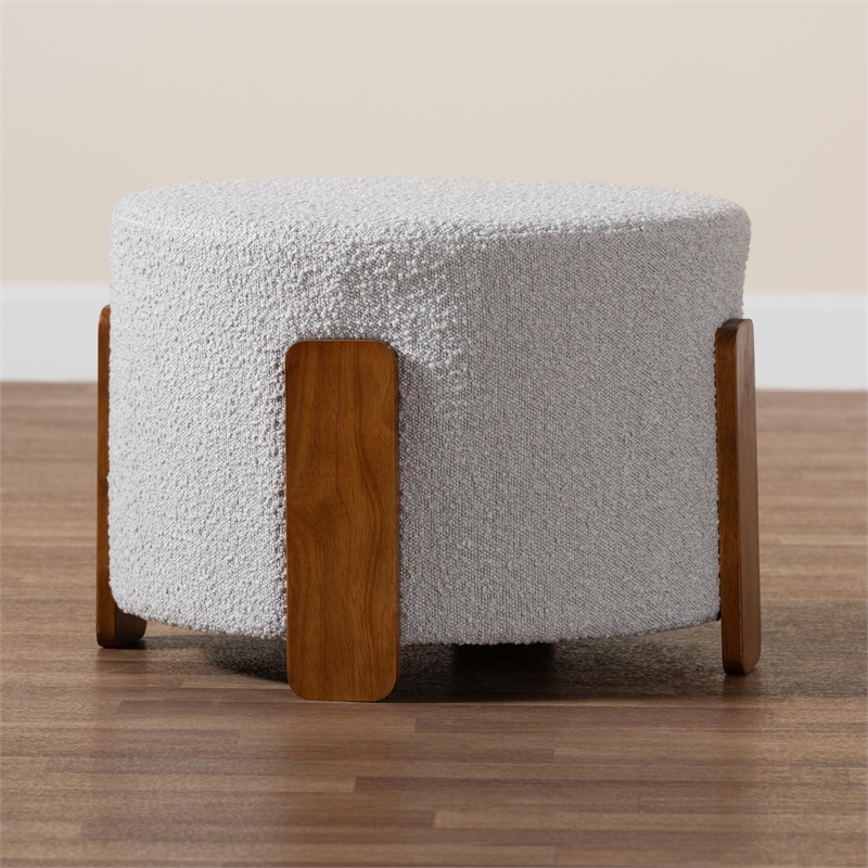 Baxton Studio Finlay Light Gray Boucle Fabric and Brown Wood Ottoman Footstool