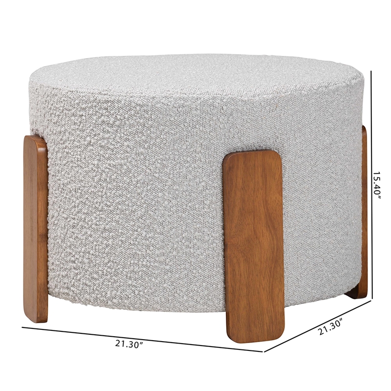Baxton Studio Finlay Light Gray Boucle Fabric and Brown Wood Ottoman Footstool