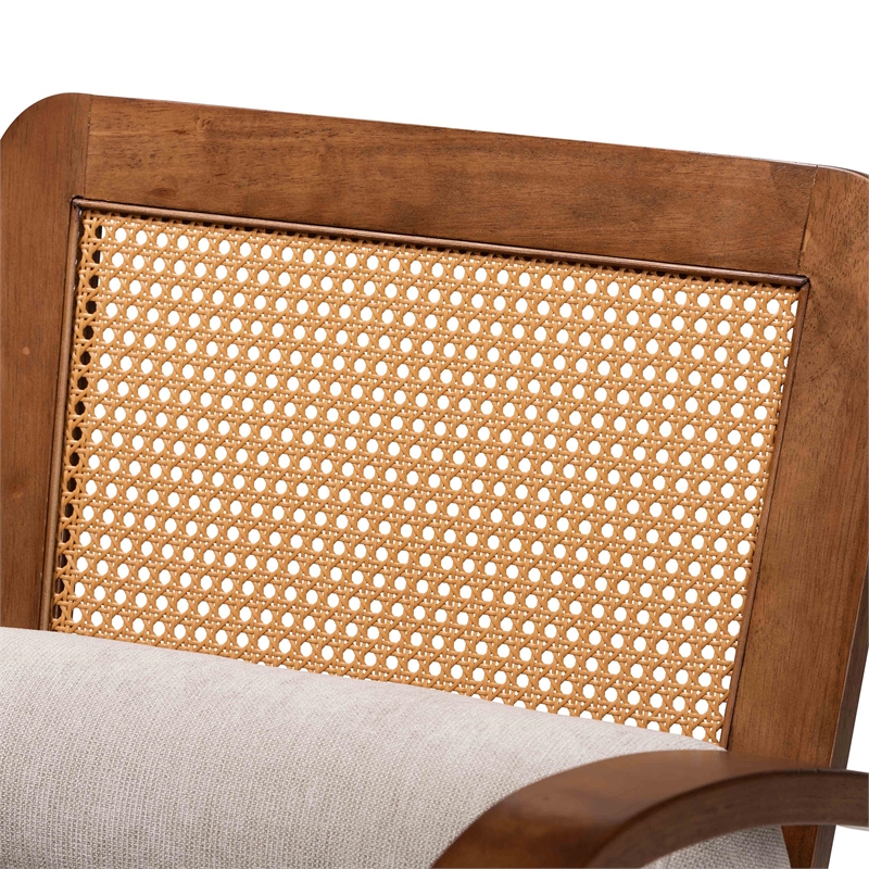 Baxton Studio Sage Light Grey Fabric and Brown Wood Arm Chair with Woven Rattan