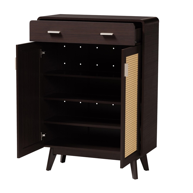 Baxton Studio Giancarlo Brown Wood 2-Door Shoe Cabinet with Rattan Door