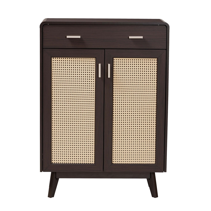 Baxton Studio Giancarlo Brown Wood 2-Door Shoe Cabinet with Rattan Door