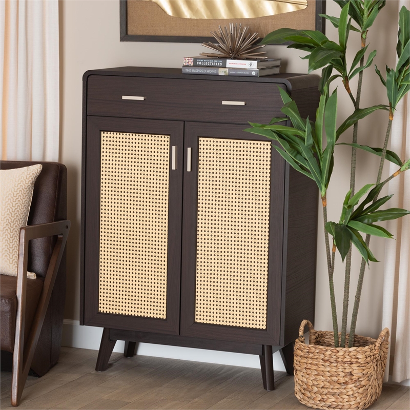 Baxton Studio Giancarlo Brown Wood 2-Door Shoe Cabinet with Rattan Door