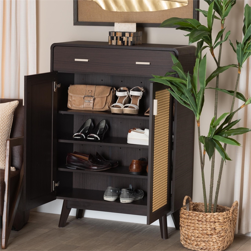 Baxton Studio Giancarlo Brown Wood 2-Door Shoe Cabinet with Rattan Door