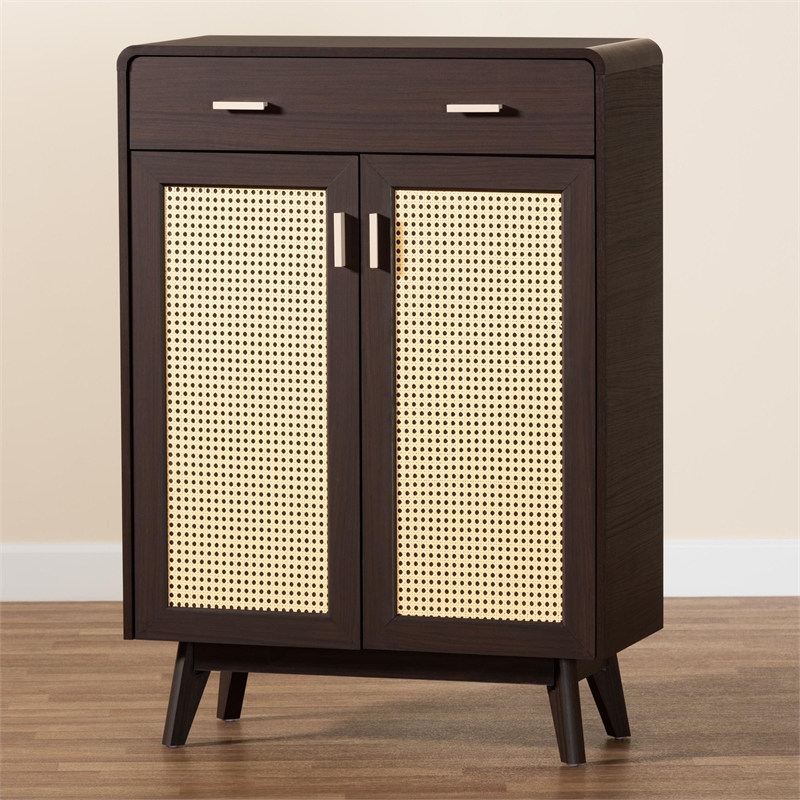 Baxton Studio Giancarlo Brown Wood 2-Door Shoe Cabinet with Rattan Door